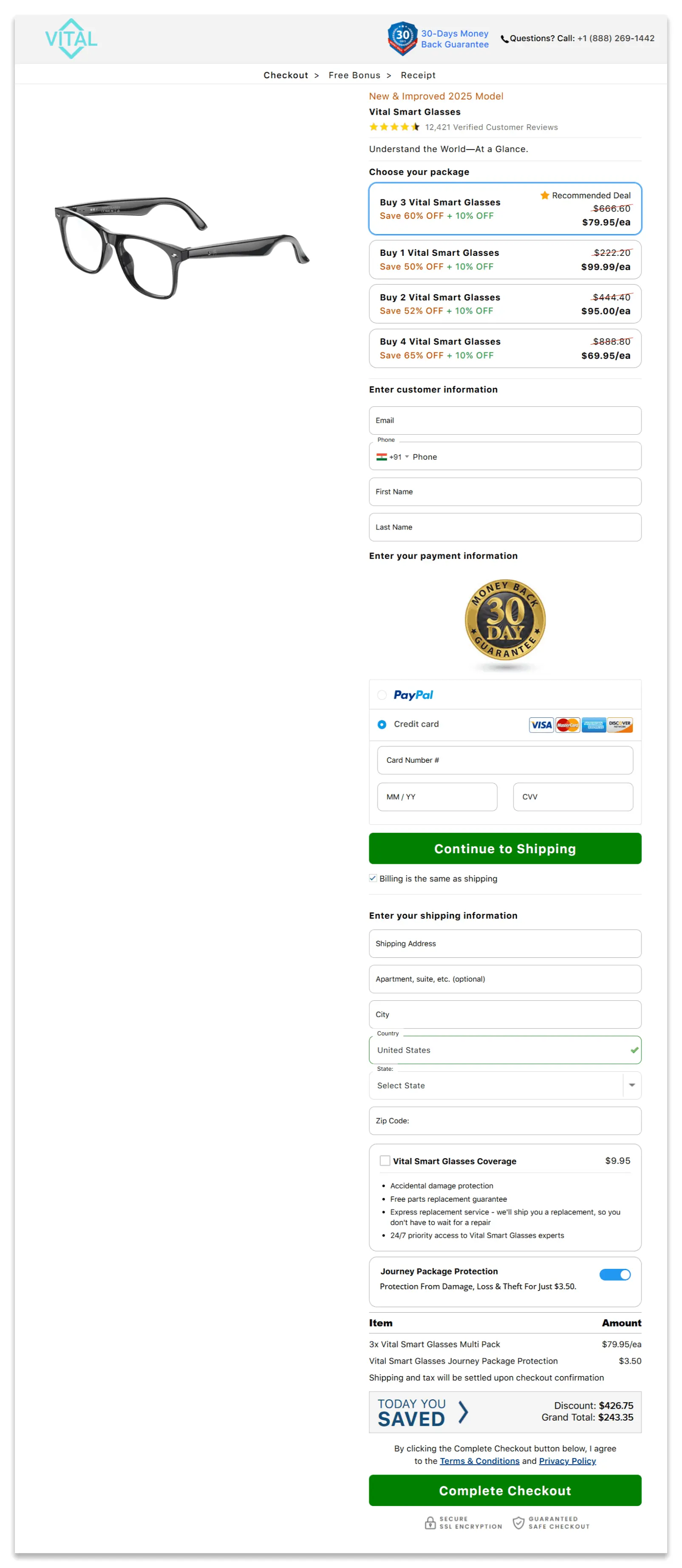 Vital Smart Glasses checkout page